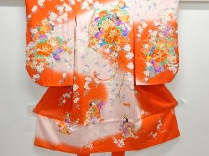 アンティーク　花鼓に童女模様刺繍着物